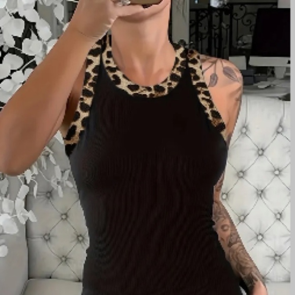 PINK VS Leopards Trim Black ribbed Tank Tee | L
